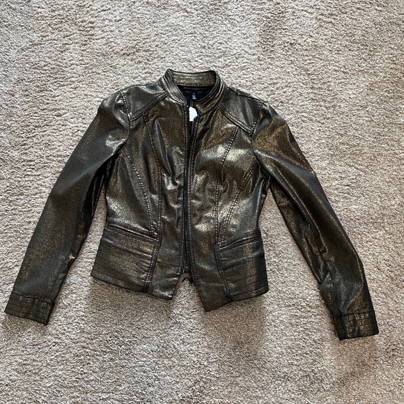 WHBM Coated Stretch Denim Cropped PartyJacket in Metallic Gold Over Black Size 8 - Picture 1 of 7